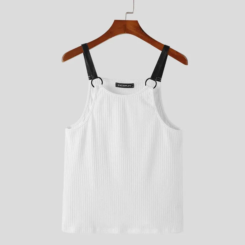 Aidase Tops Korean Style Fashion Men's Striped Patchwork Leather Vests Casual Streetwear Summer Sleeveless Tank Tops S-5XL