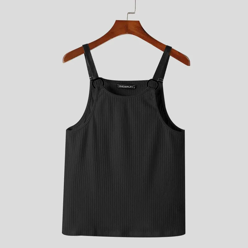 Aidase Tops Korean Style Fashion Men's Striped Patchwork Leather Vests Casual Streetwear Summer Sleeveless Tank Tops S-5XL