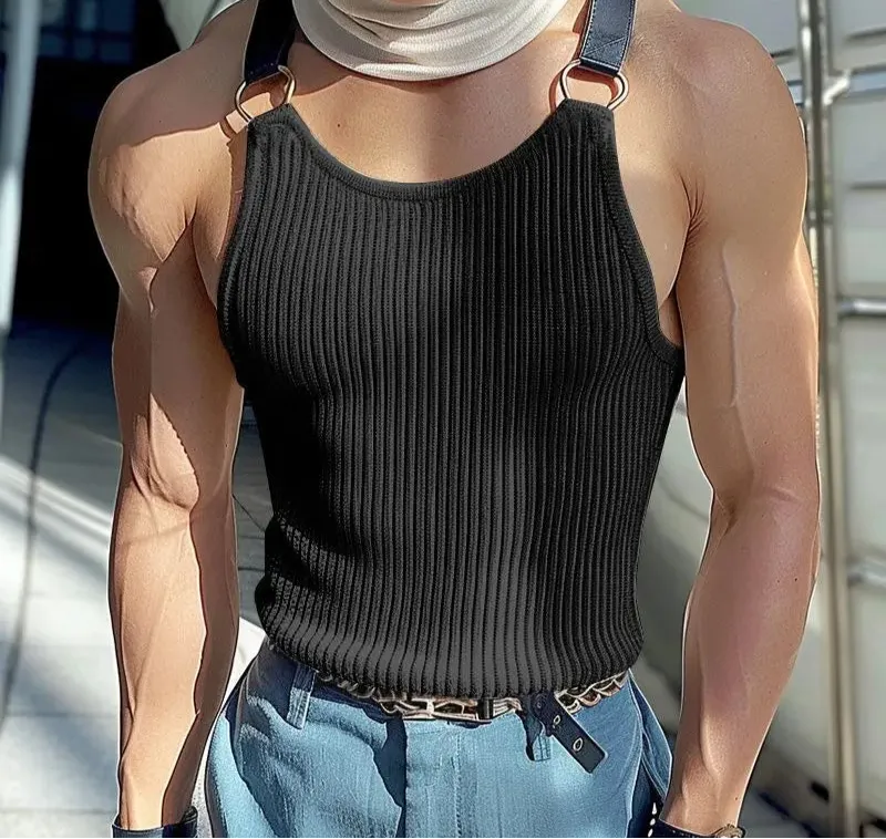 Aidase Tops Korean Style Fashion Men's Striped Patchwork Leather Vests Casual Streetwear Summer Sleeveless Tank Tops S-5XL