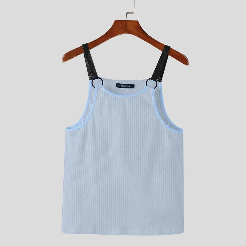 Aidase Tops Korean Style Fashion Men's Striped Patchwork Leather Vests Casual Streetwear Summer Sleeveless Tank Tops S-5XL