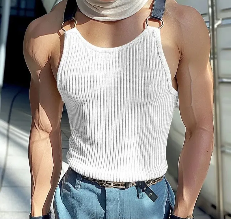 Aidase Tops Korean Style Fashion Men's Striped Patchwork Leather Vests Casual Streetwear Summer Sleeveless Tank Tops S-5XL