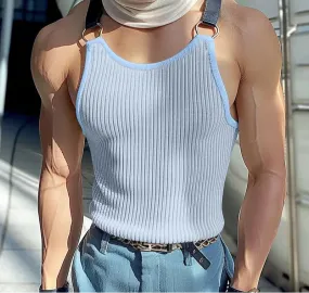 Aidase Tops Korean Style Fashion Men's Striped Patchwork Leather Vests Casual Streetwear Summer Sleeveless Tank Tops S-5XL