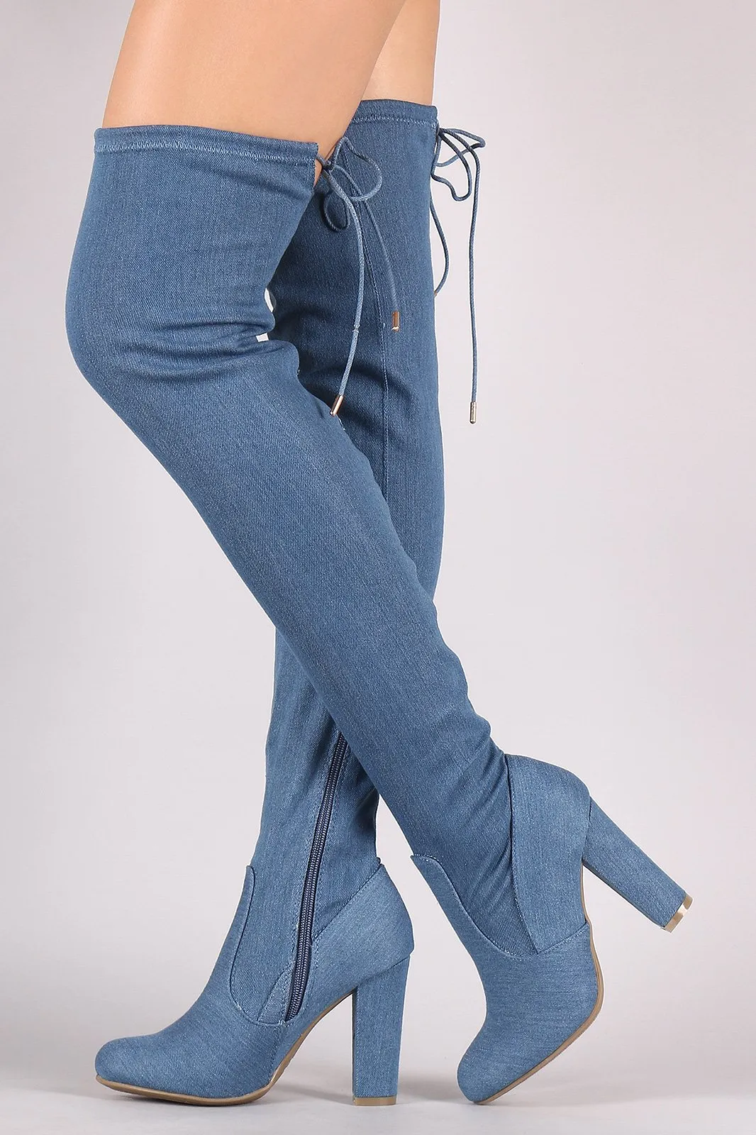 Bamboo Drawstring-Tie Chunky Heeled OTK Fitted Denim Boots
