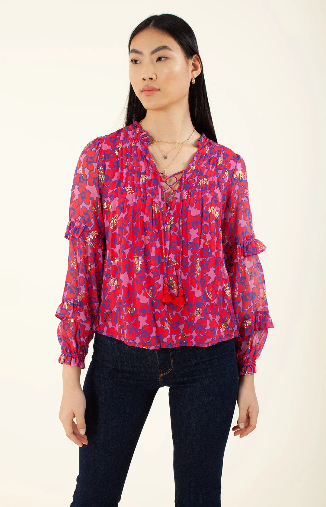 Bermai Foiled Lace-up Top