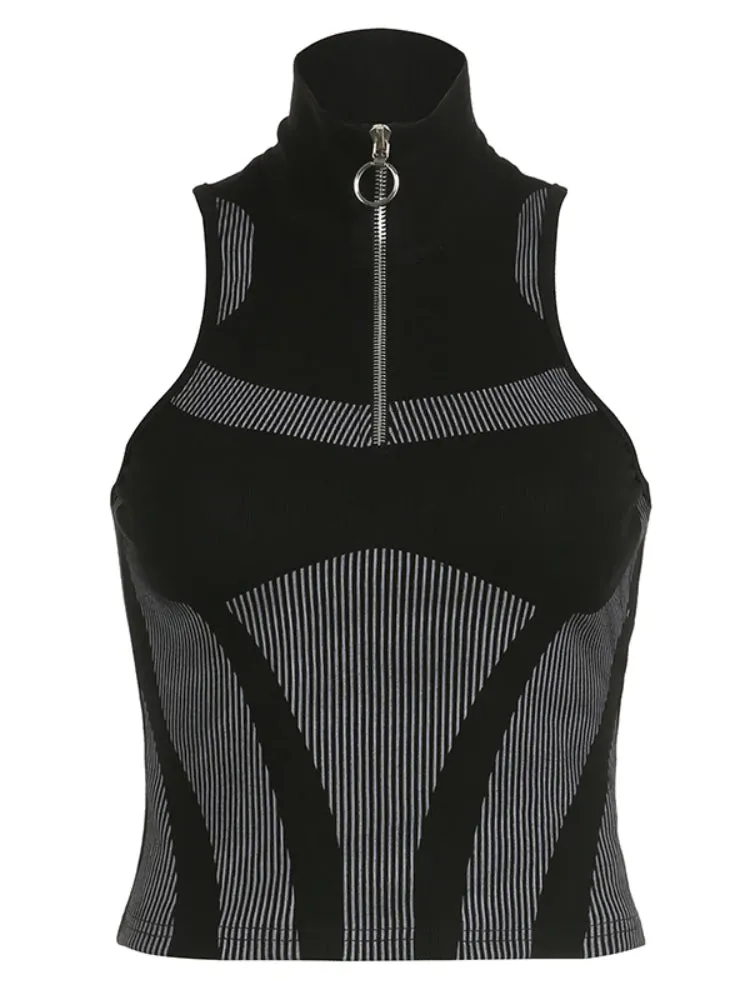 Black Zipper Tank Stripe Printing Top