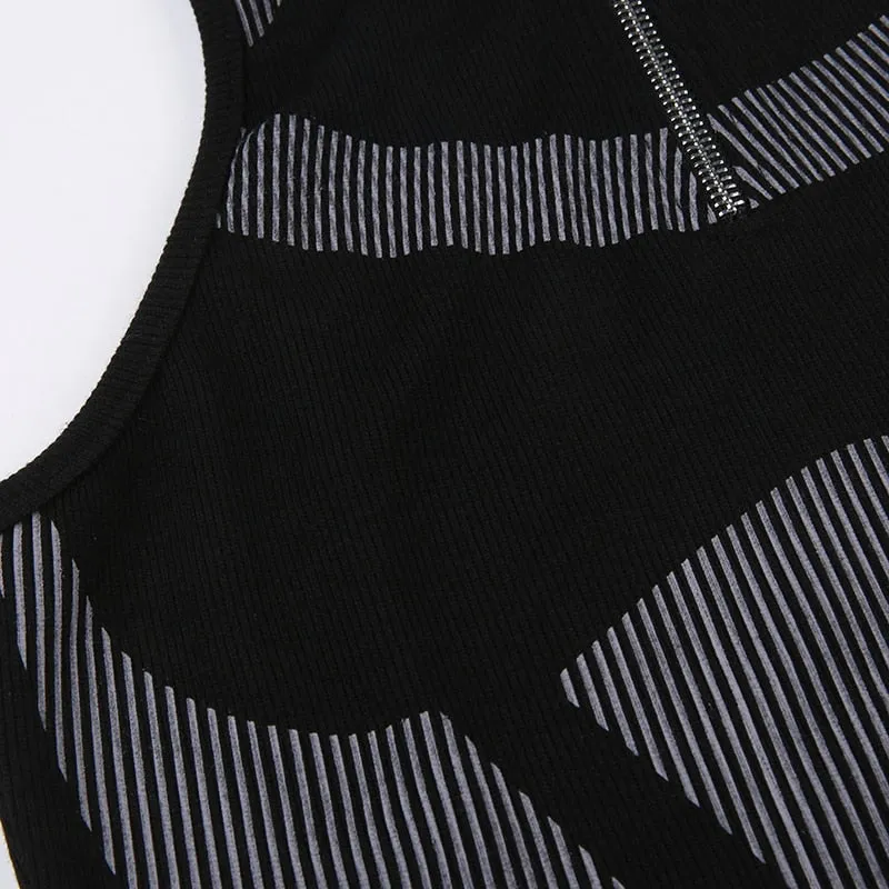 Black Zipper Tank Stripe Printing Top