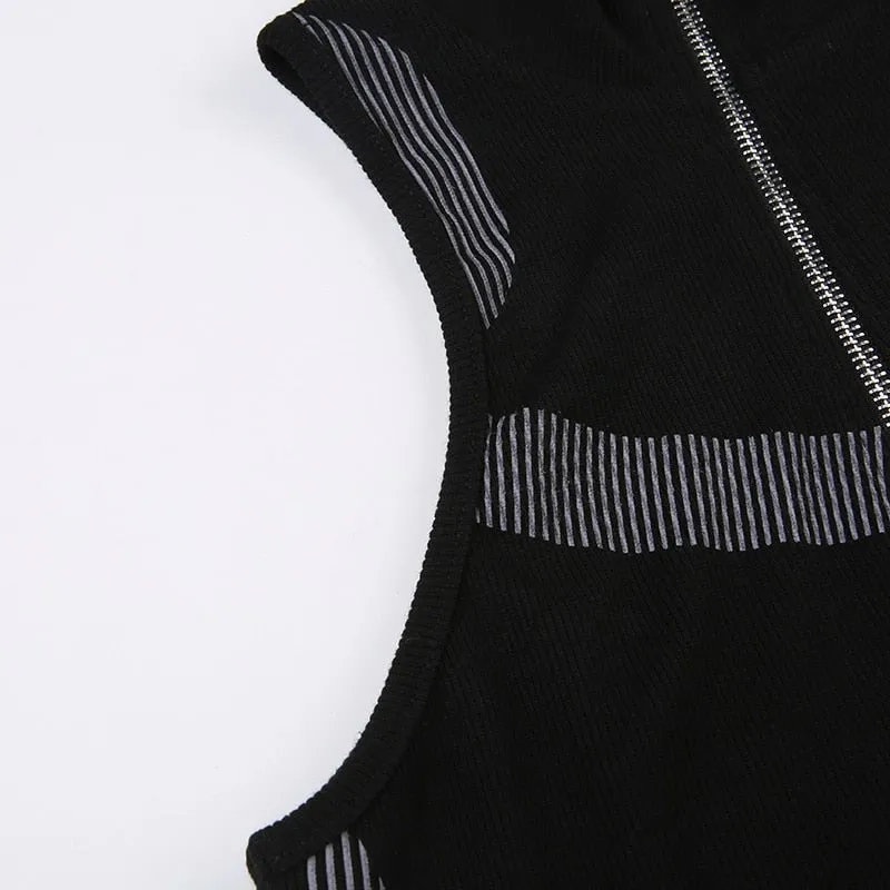 Black Zipper Tank Stripe Printing Top