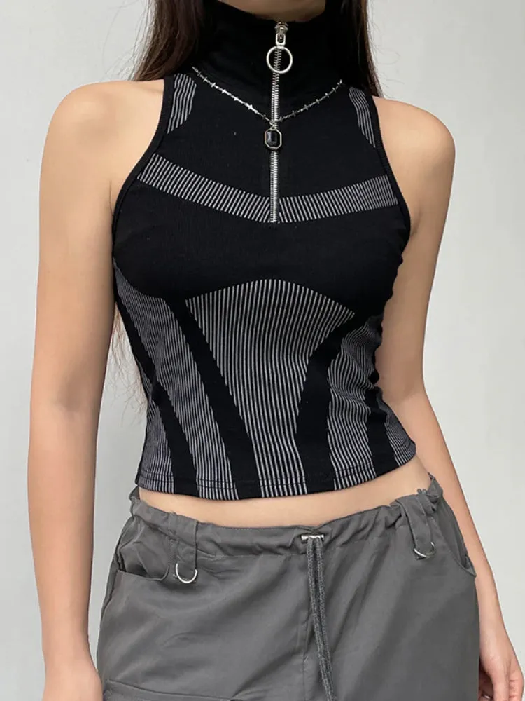 Black Zipper Tank Stripe Printing Top