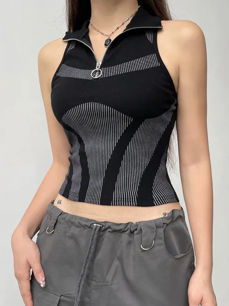 Black Zipper Tank Stripe Printing Top