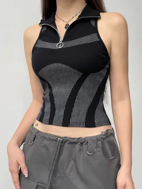 Black Zipper Tank Stripe Printing Top
