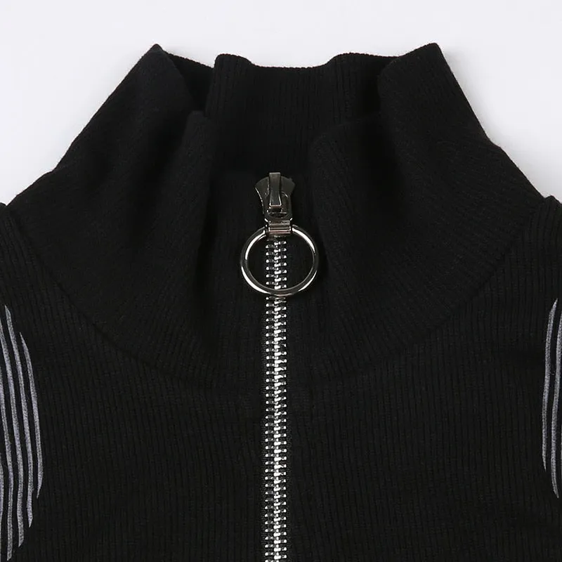 Black Zipper Tank Stripe Printing Top