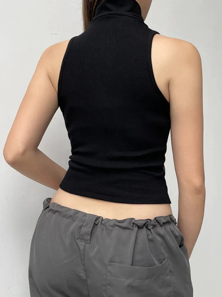 Black Zipper Tank Stripe Printing Top