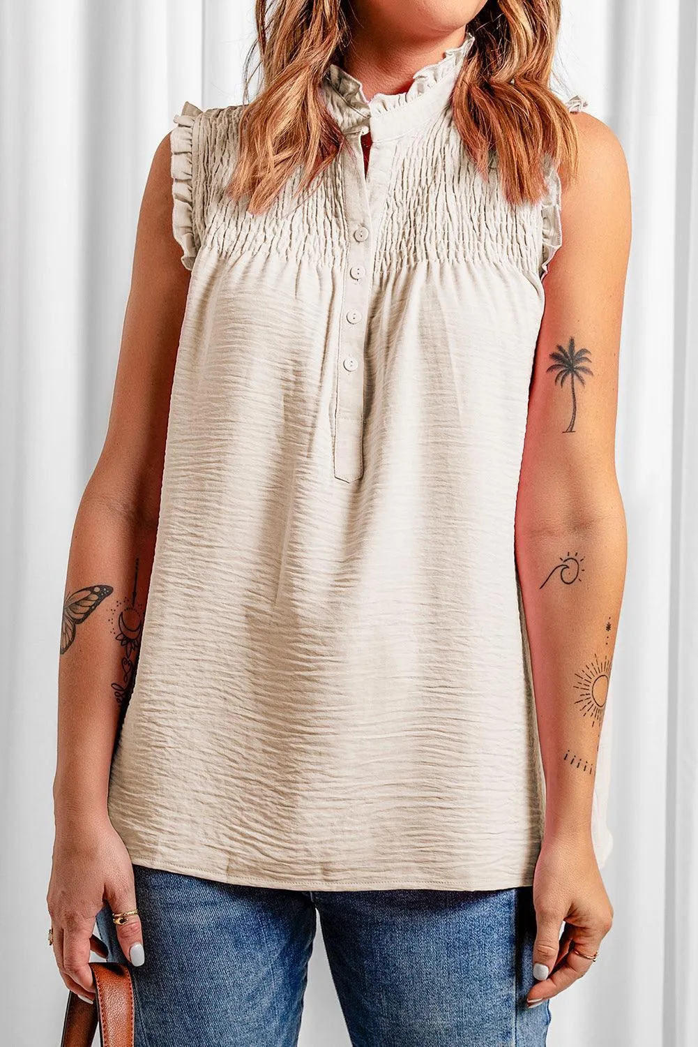 Casual Apricot Frilled  Buttons Tank Top