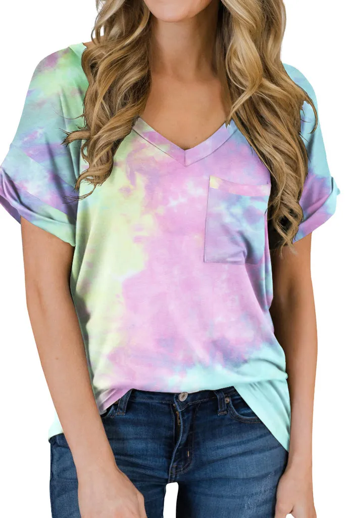 Casual Tops Short Sleeve V-Neck Shirts Loose Blouse Basic T-Shirt - Tie Dye