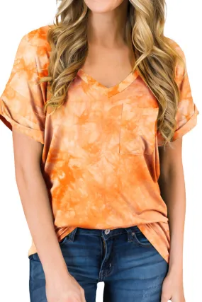 Casual Tops Short Sleeve V-Neck Shirts Loose Blouse Basic T-Shirt - Tie Dye