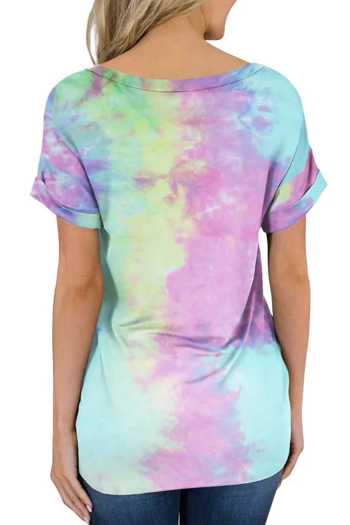Casual Tops Short Sleeve V-Neck Shirts Loose Blouse Basic T-Shirt - Tie Dye