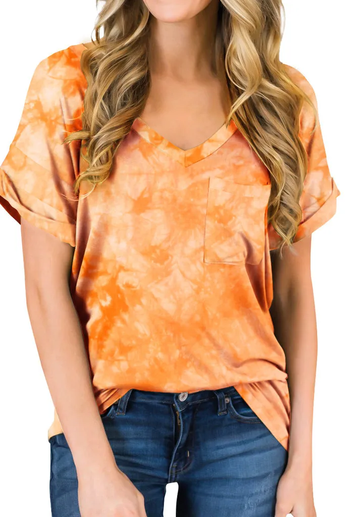 Casual Tops Short Sleeve V-Neck Shirts Loose Blouse Basic T-Shirt - Tie Dye