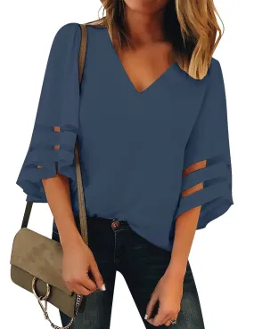 Deep Cobalt Blue Women's V Neck Shirt Printed Top 3/4 Bell Sleeve Mesh Panel Blouse