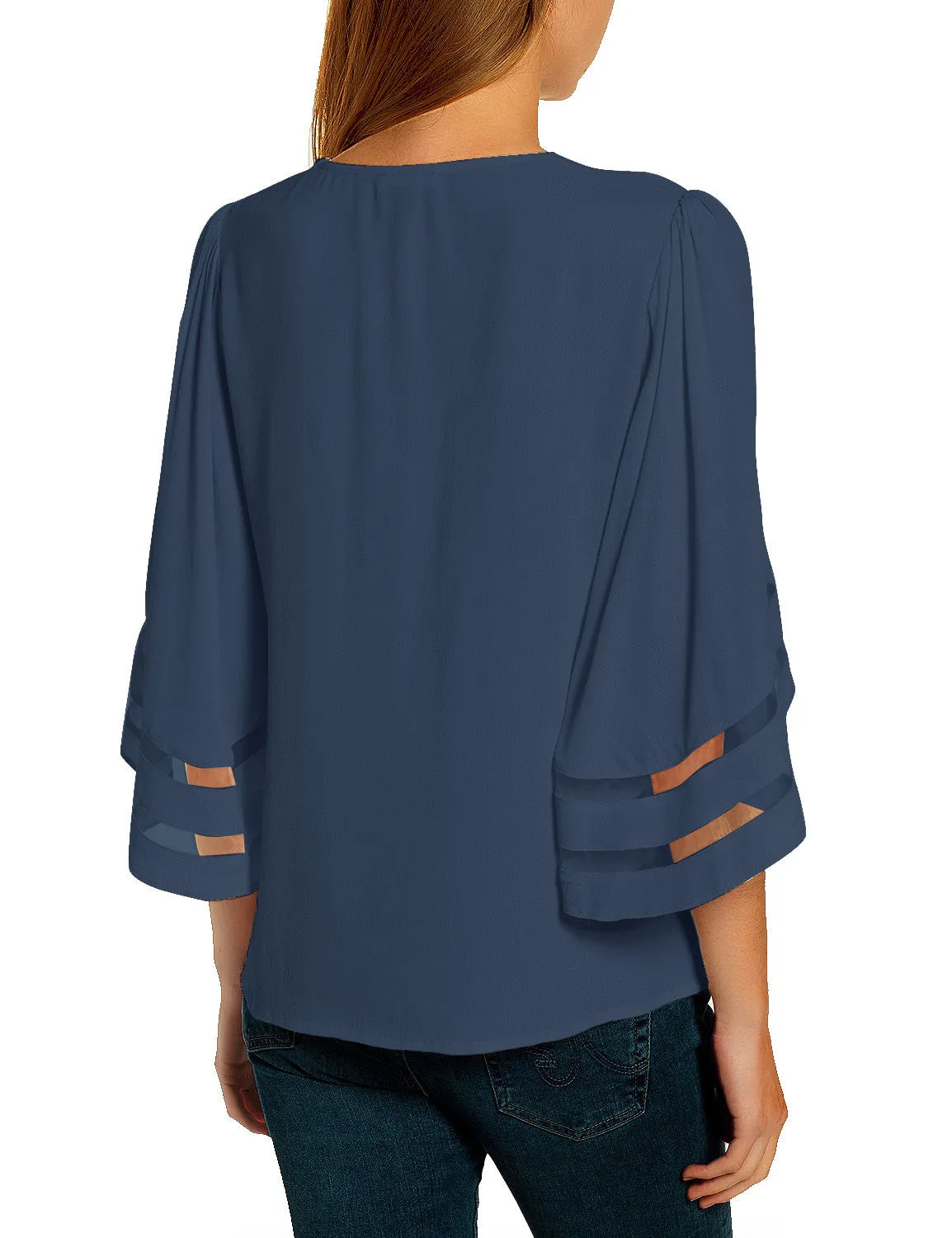 Deep Cobalt Blue Women's V Neck Shirt Printed Top 3/4 Bell Sleeve Mesh Panel Blouse