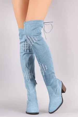 Distressed Denim Drawstring Tie Chunky Heeled OTK Boots