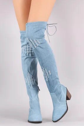 Distressed Denim Drawstring Tie Chunky Heeled OTK Boots
