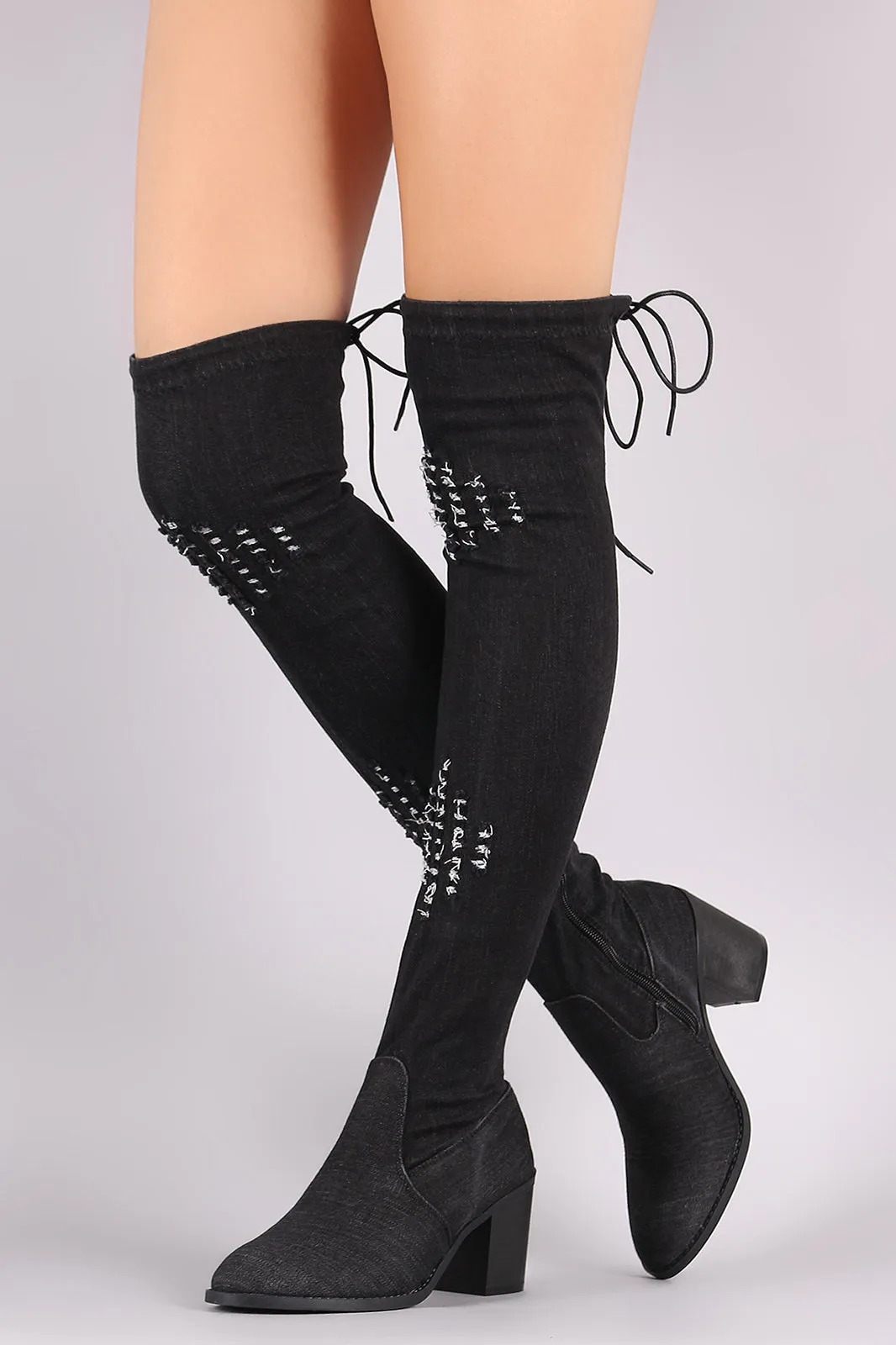 Distressed Denim Drawstring Tie Chunky Heeled OTK Boots