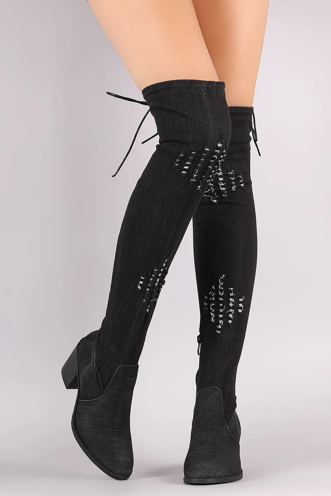 Distressed Denim Drawstring Tie Chunky Heeled OTK Boots