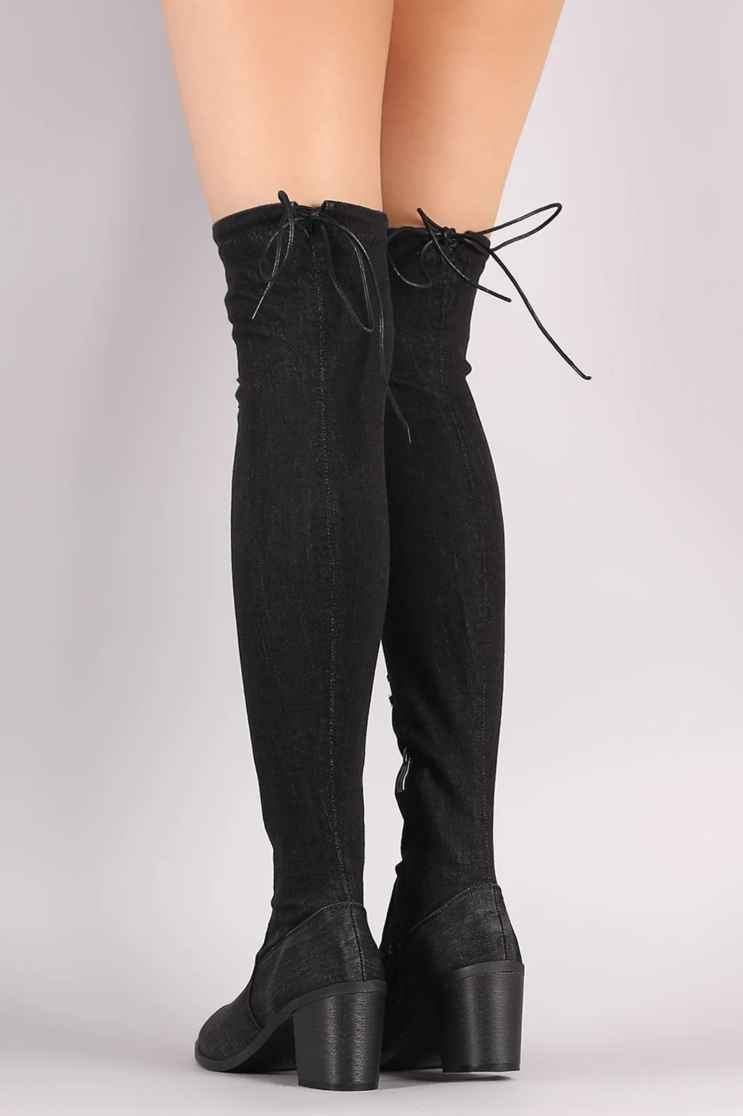 Distressed Denim Drawstring Tie Chunky Heeled OTK Boots