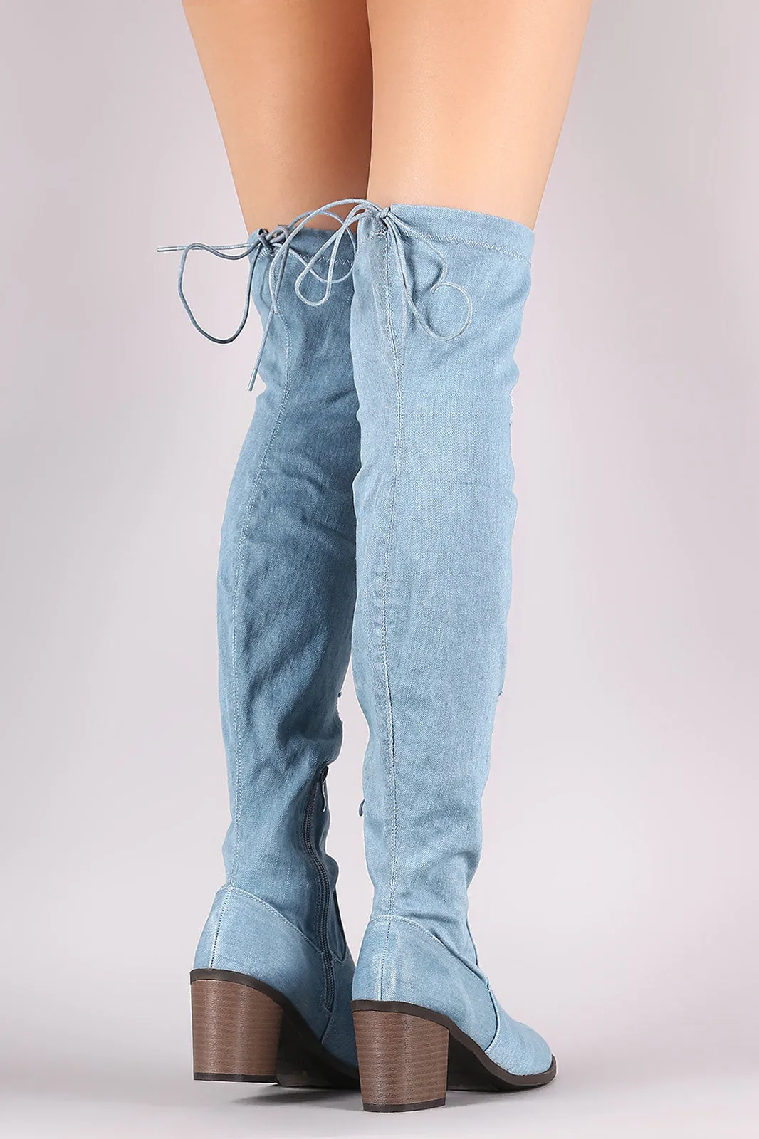 Distressed Denim Drawstring Tie Chunky Heeled OTK Boots