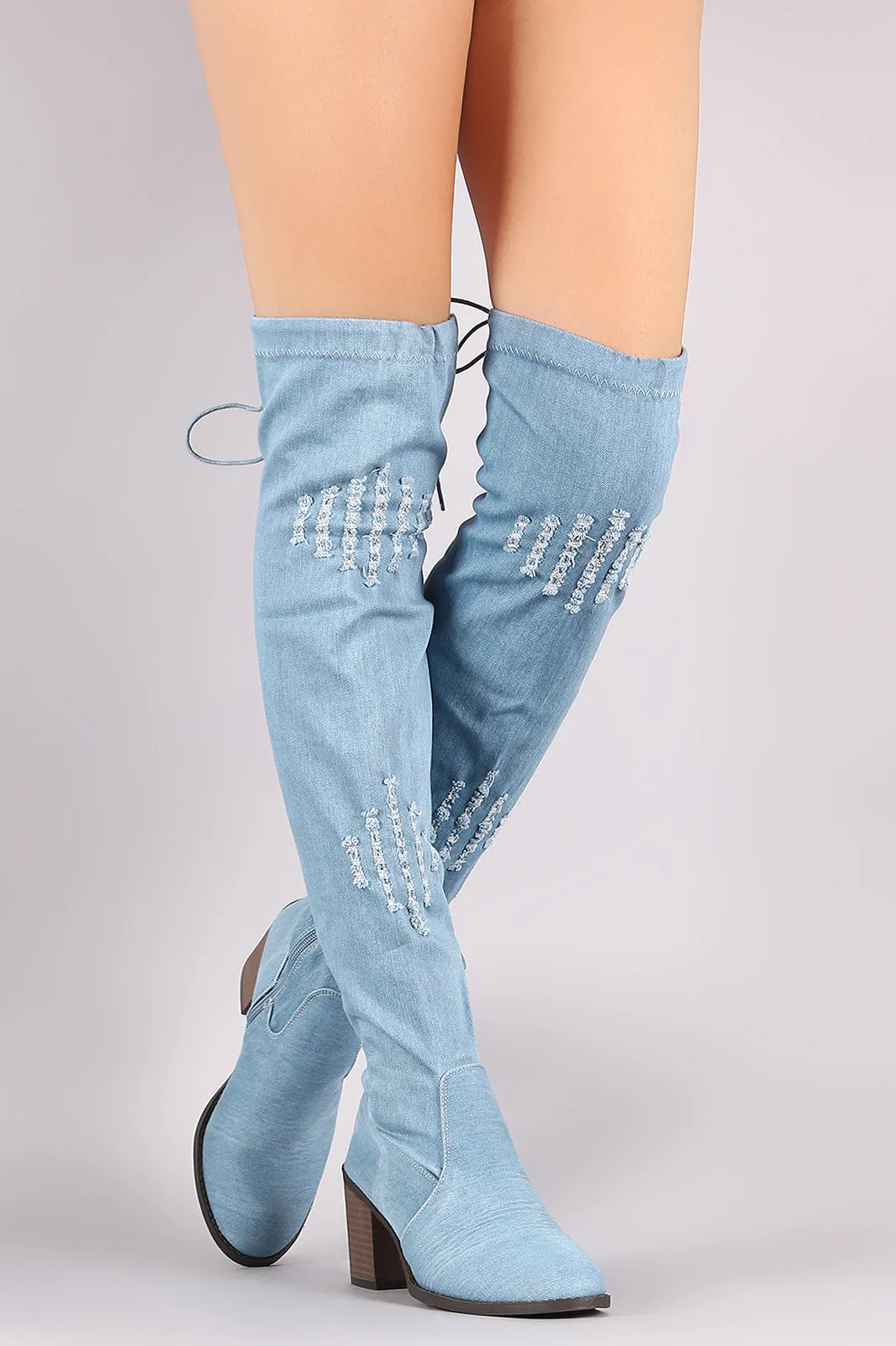 Distressed Denim Drawstring Tie Chunky Heeled OTK Boots