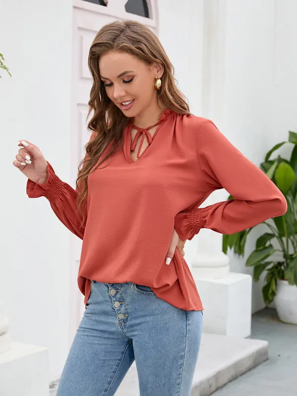 Freyja Long-Sleeved Tops New V-Neck Casual Loose Chiffon Tops For Women