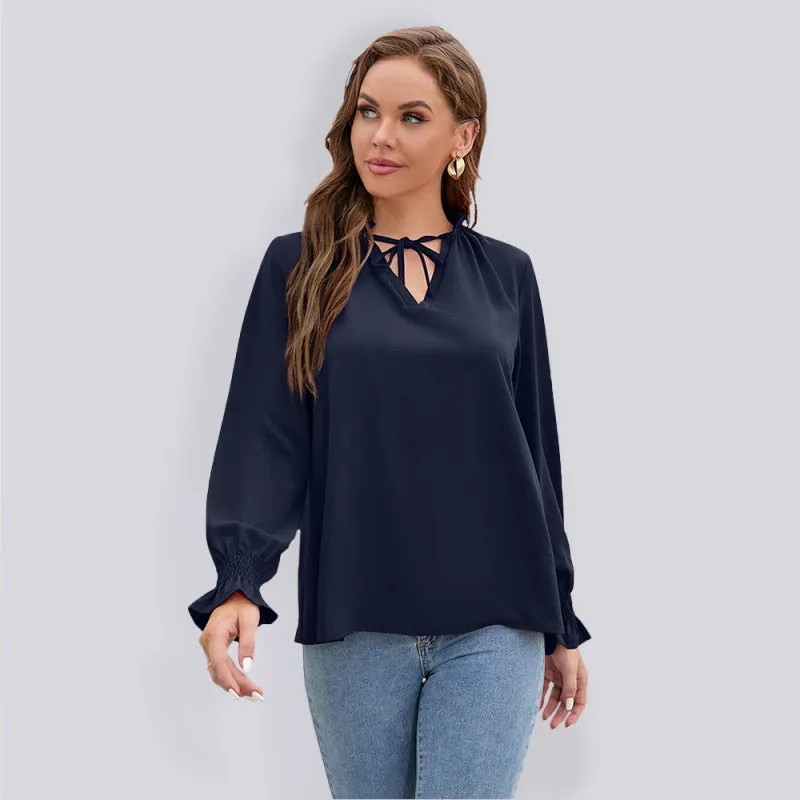 Freyja Long-Sleeved Tops New V-Neck Casual Loose Chiffon Tops For Women