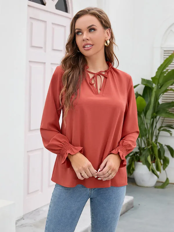 Freyja Long-Sleeved Tops New V-Neck Casual Loose Chiffon Tops For Women