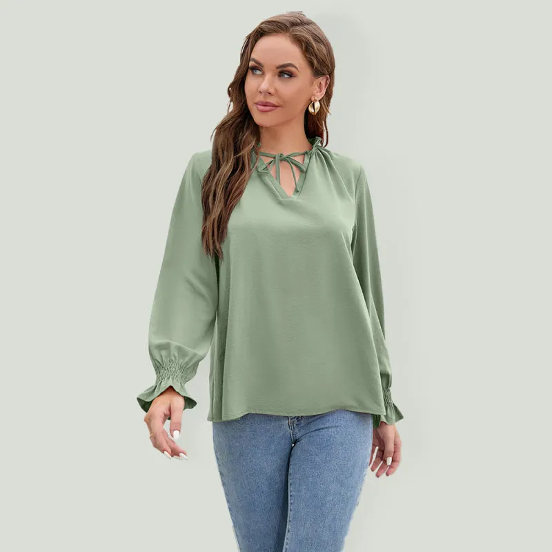 Freyja Long-Sleeved Tops New V-Neck Casual Loose Chiffon Tops For Women