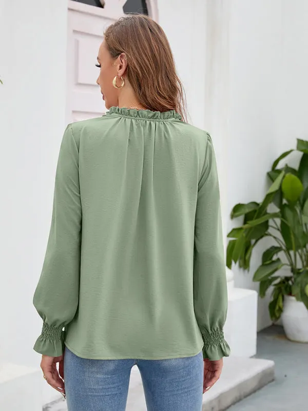 Freyja Long-Sleeved Tops New V-Neck Casual Loose Chiffon Tops For Women