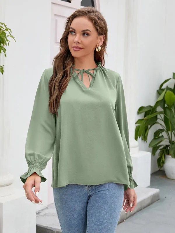 Freyja Long-Sleeved Tops New V-Neck Casual Loose Chiffon Tops For Women