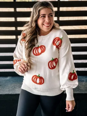 Hello Pumpkin Embroidered Halloween Fall Sweater, Cream