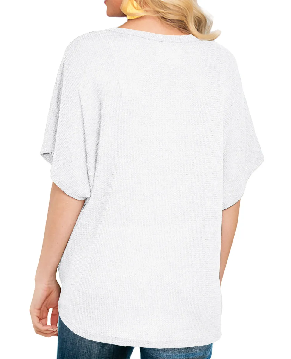 JWD Womens Waffle Knit Tunic Blouse Tie Knot Short Sleeve Henley Tops Loose Fitting Bat Wing Shirts