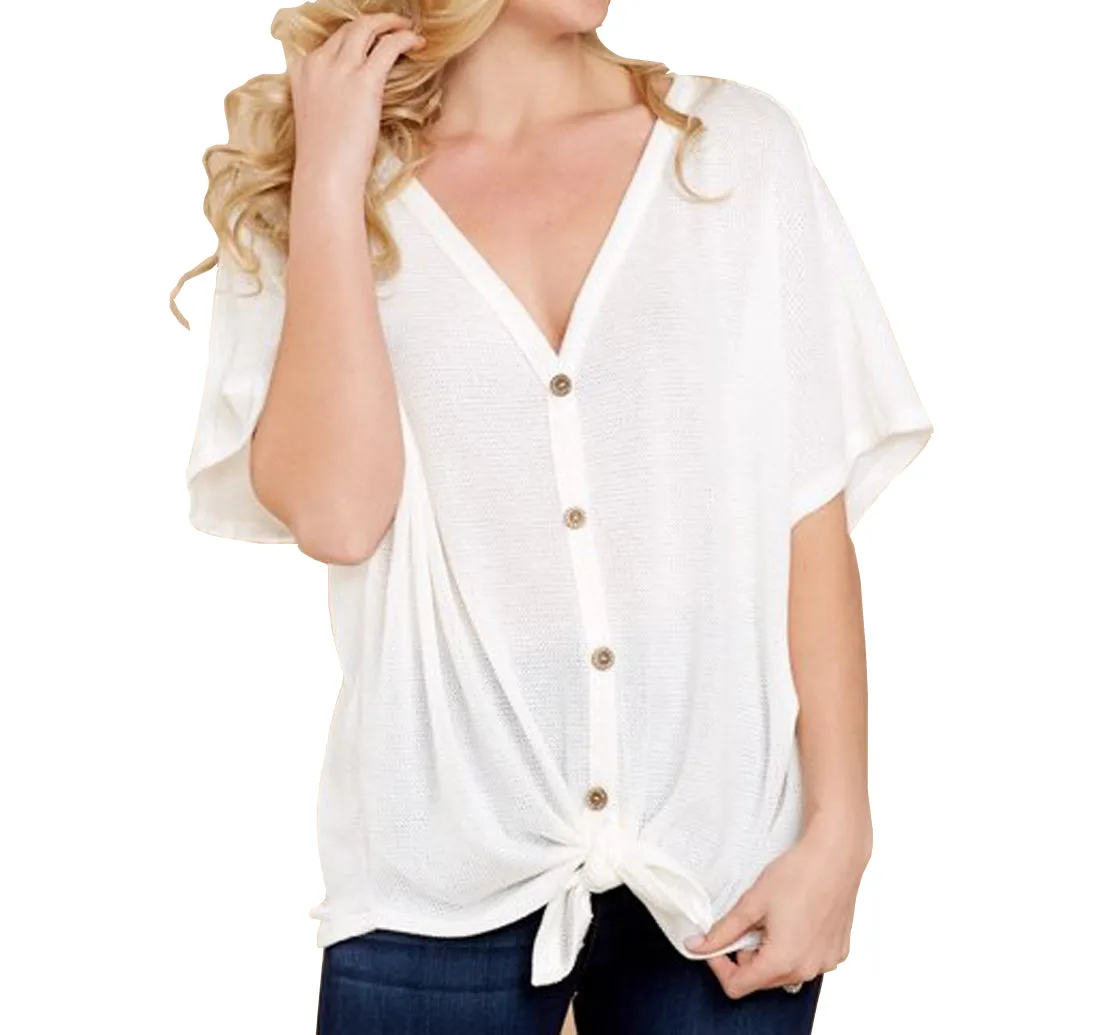 JWD Womens Waffle Knit Tunic Blouse Tie Knot Short Sleeve Henley Tops Loose Fitting Bat Wing Shirts