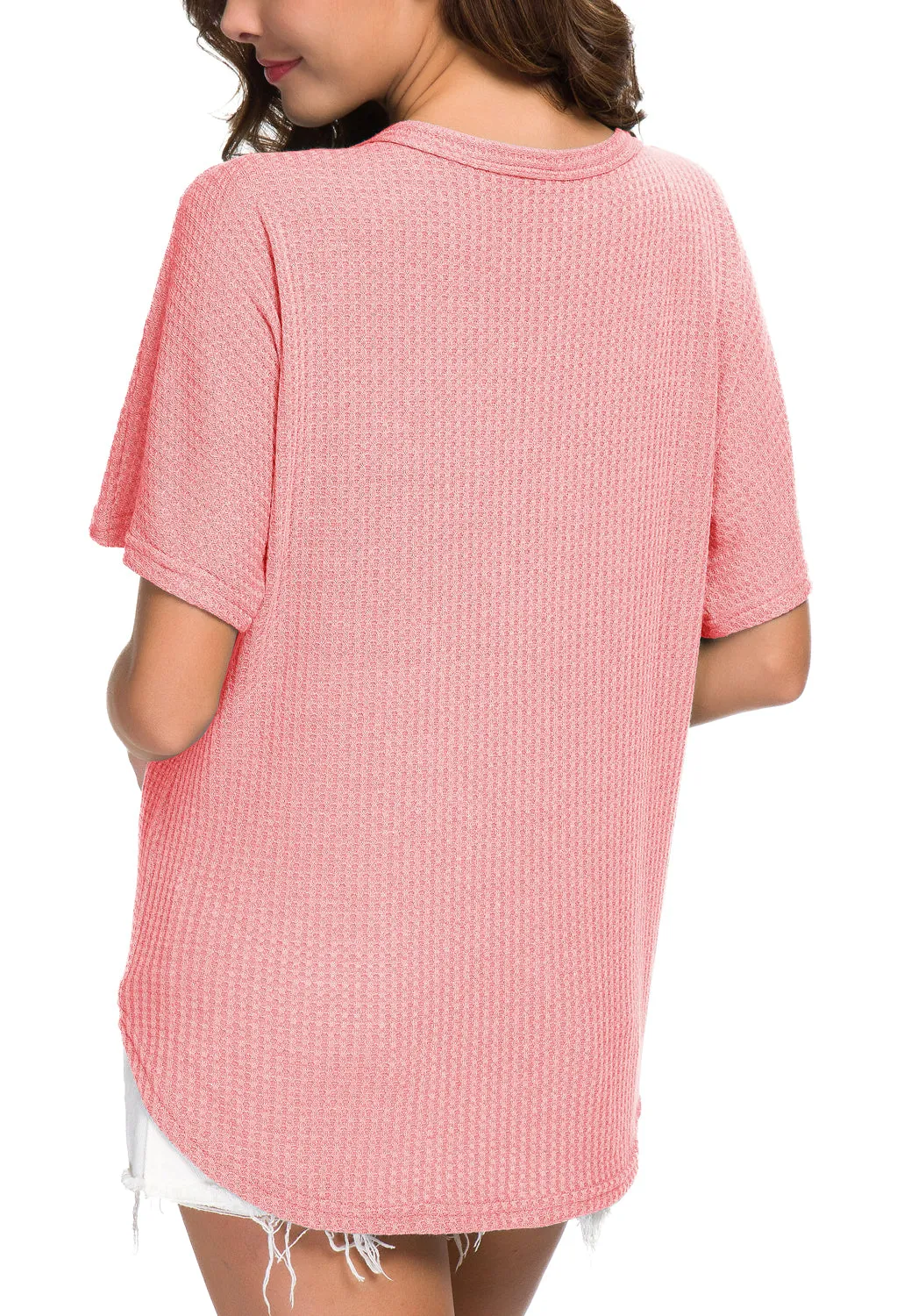JWD Womens Waffle Knit Tunic Blouse Tie Knot Short Sleeve Henley Tops Loose Fitting Bat Wing Shirts