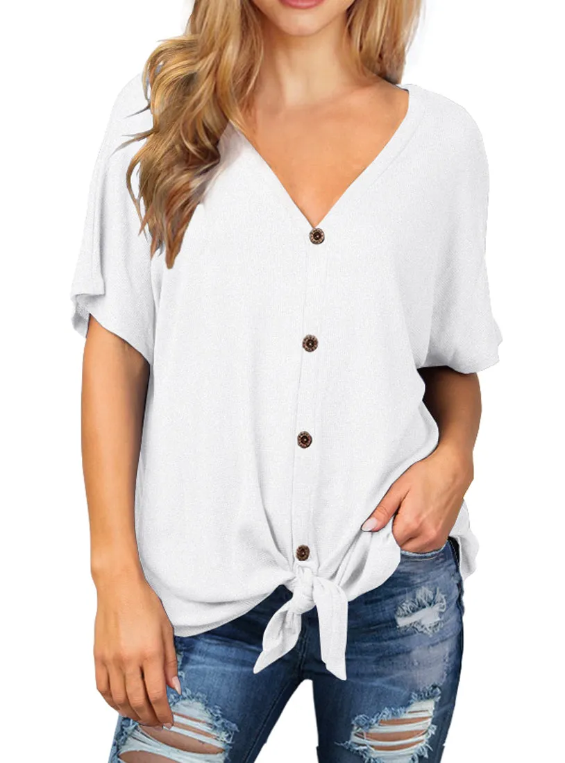 JWD Womens Waffle Knit Tunic Blouse Tie Knot Short Sleeve Henley Tops Loose Fitting Bat Wing Shirts