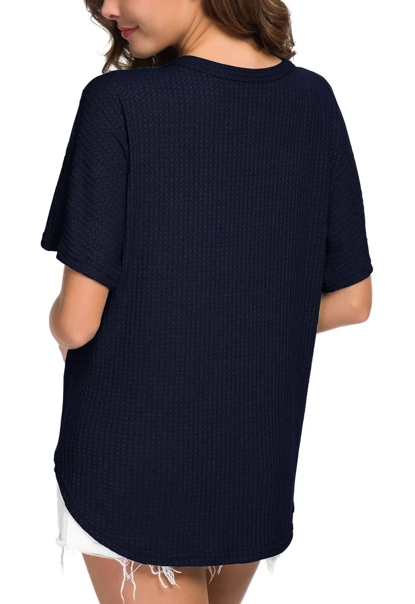 JWD Womens Waffle Knit Tunic Blouse Tie Knot Short Sleeve Henley Tops Loose Fitting Bat Wing Shirts