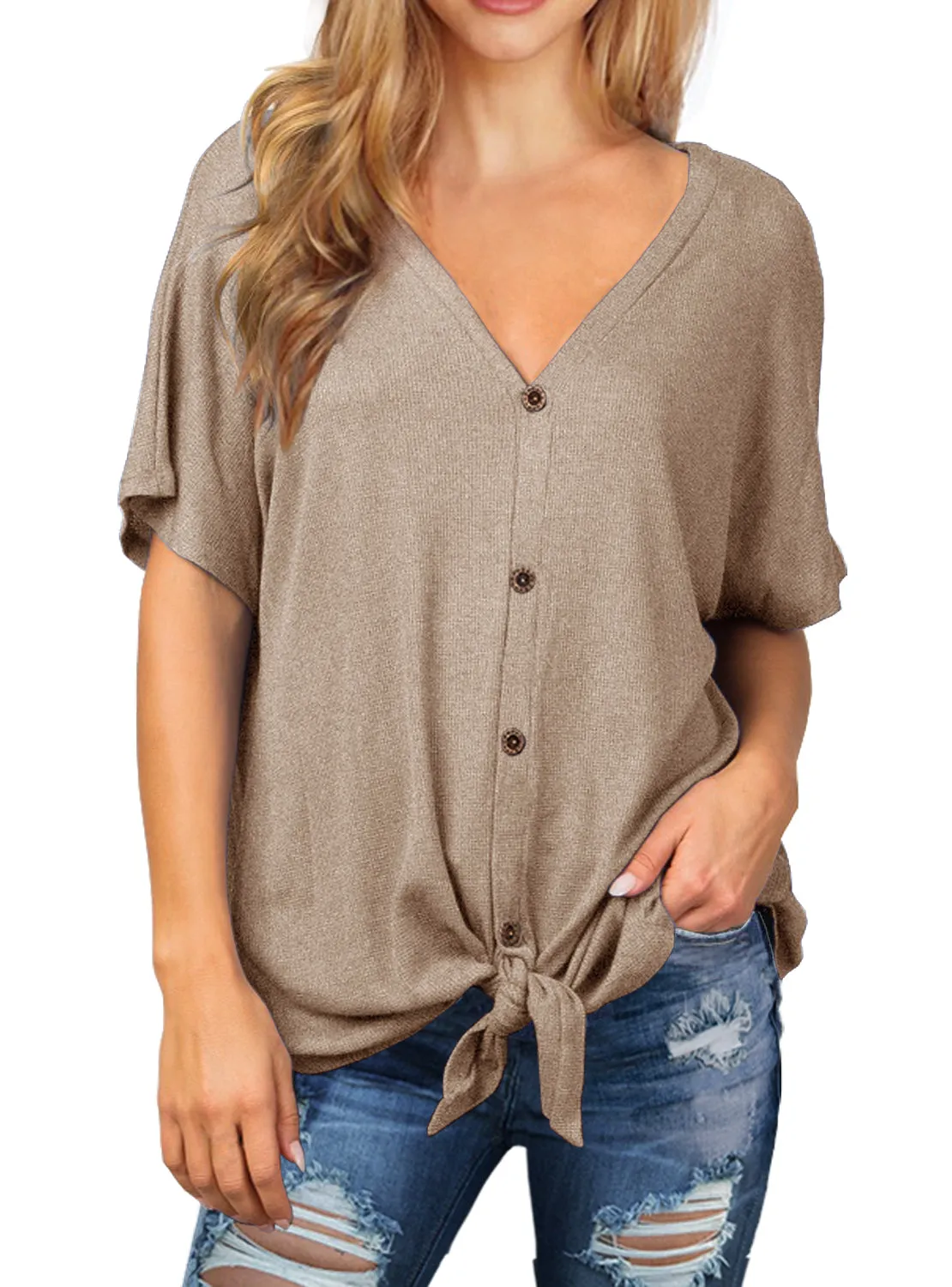 JWD Womens Waffle Knit Tunic Blouse Tie Knot Short Sleeve Henley Tops Loose Fitting Bat Wing Shirts