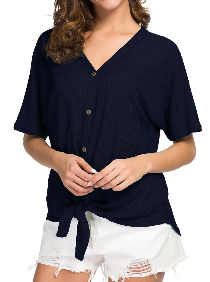 JWD Womens Waffle Knit Tunic Blouse Tie Knot Short Sleeve Henley Tops Loose Fitting Bat Wing Shirts