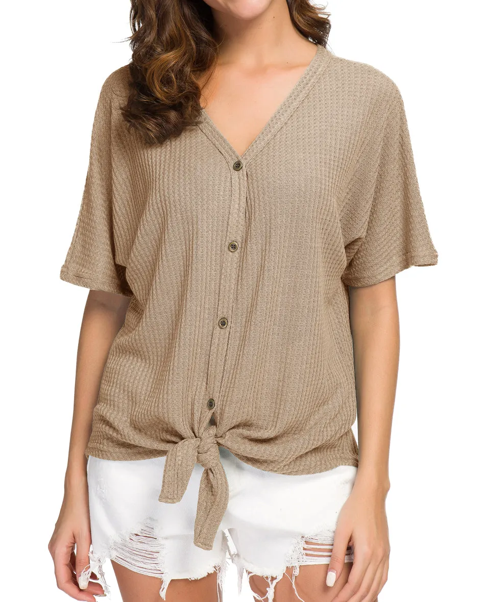 JWD Womens Waffle Knit Tunic Blouse Tie Knot Short Sleeve Henley Tops Loose Fitting Bat Wing Shirts