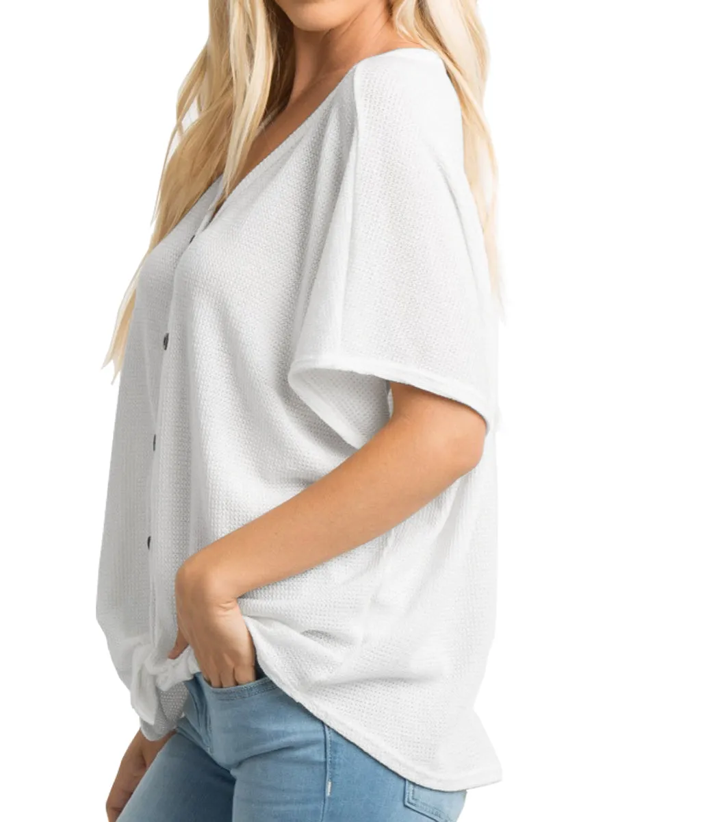 JWD Womens Waffle Knit Tunic Blouse Tie Knot Short Sleeve Henley Tops Loose Fitting Bat Wing Shirts