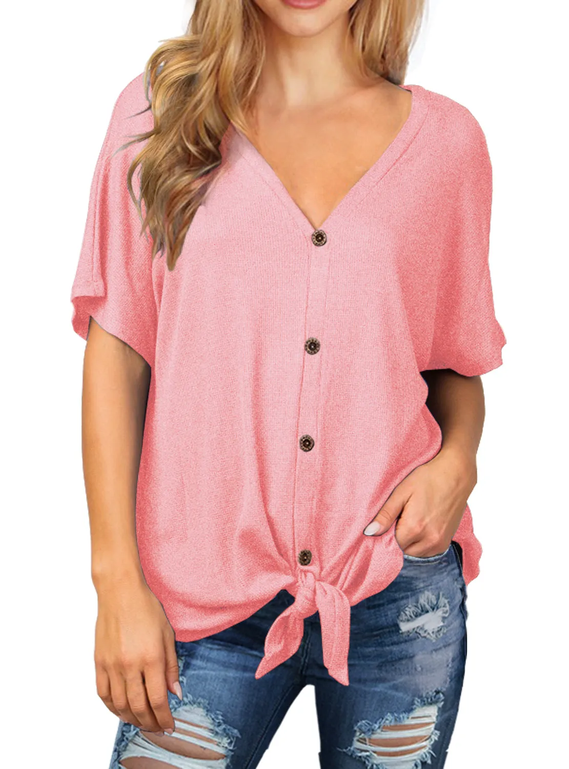 JWD Womens Waffle Knit Tunic Blouse Tie Knot Short Sleeve Henley Tops Loose Fitting Bat Wing Shirts
