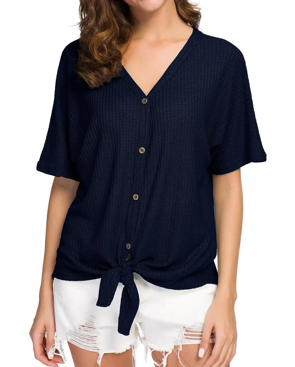 JWD Womens Waffle Knit Tunic Blouse Tie Knot Short Sleeve Henley Tops Loose Fitting Bat Wing Shirts