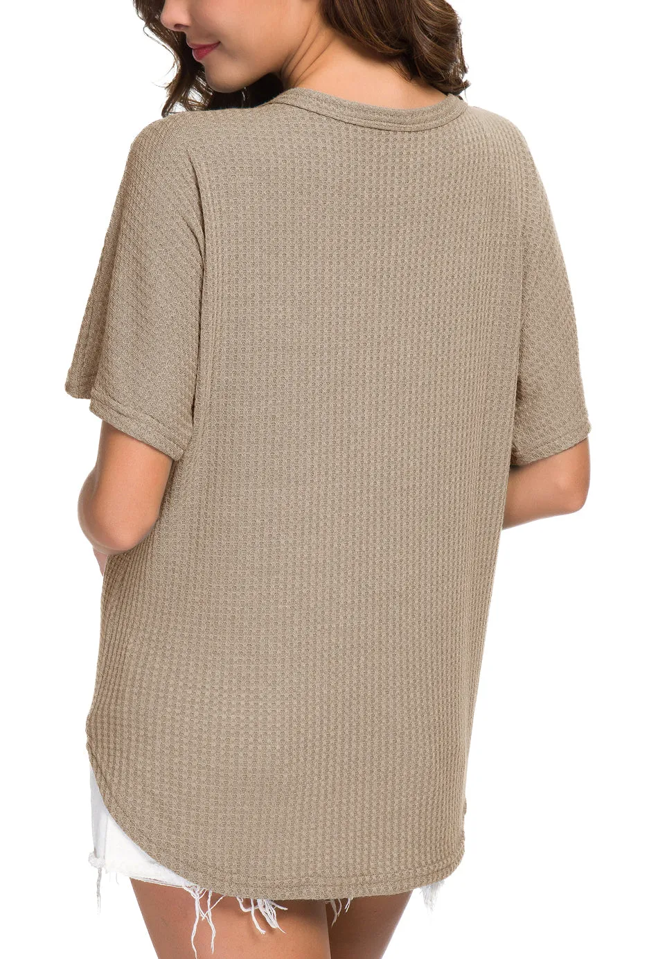 JWD Womens Waffle Knit Tunic Blouse Tie Knot Short Sleeve Henley Tops Loose Fitting Bat Wing Shirts