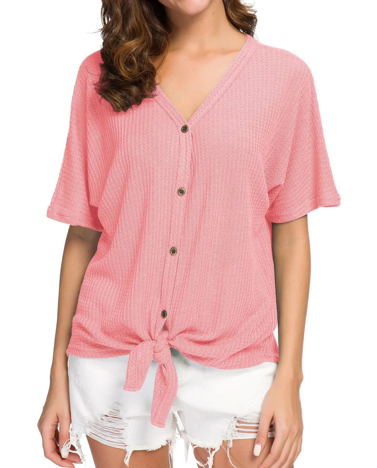 JWD Womens Waffle Knit Tunic Blouse Tie Knot Short Sleeve Henley Tops Loose Fitting Bat Wing Shirts